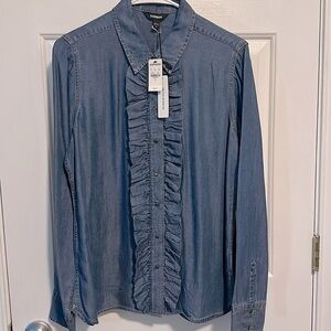 Long Sleeve Denim Ruffle Express Shirt Top